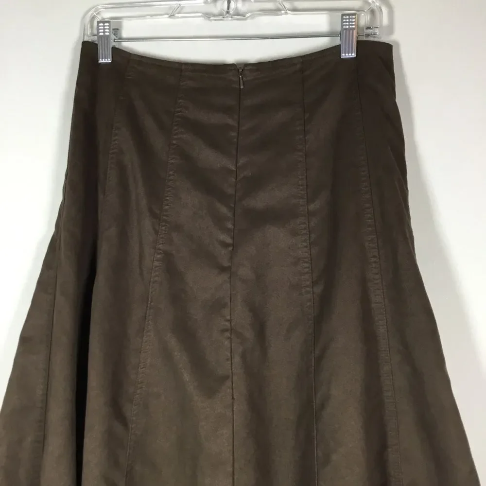 Brown faux vegan suede western prairie a line skirt satin liner size 6 waist 30”